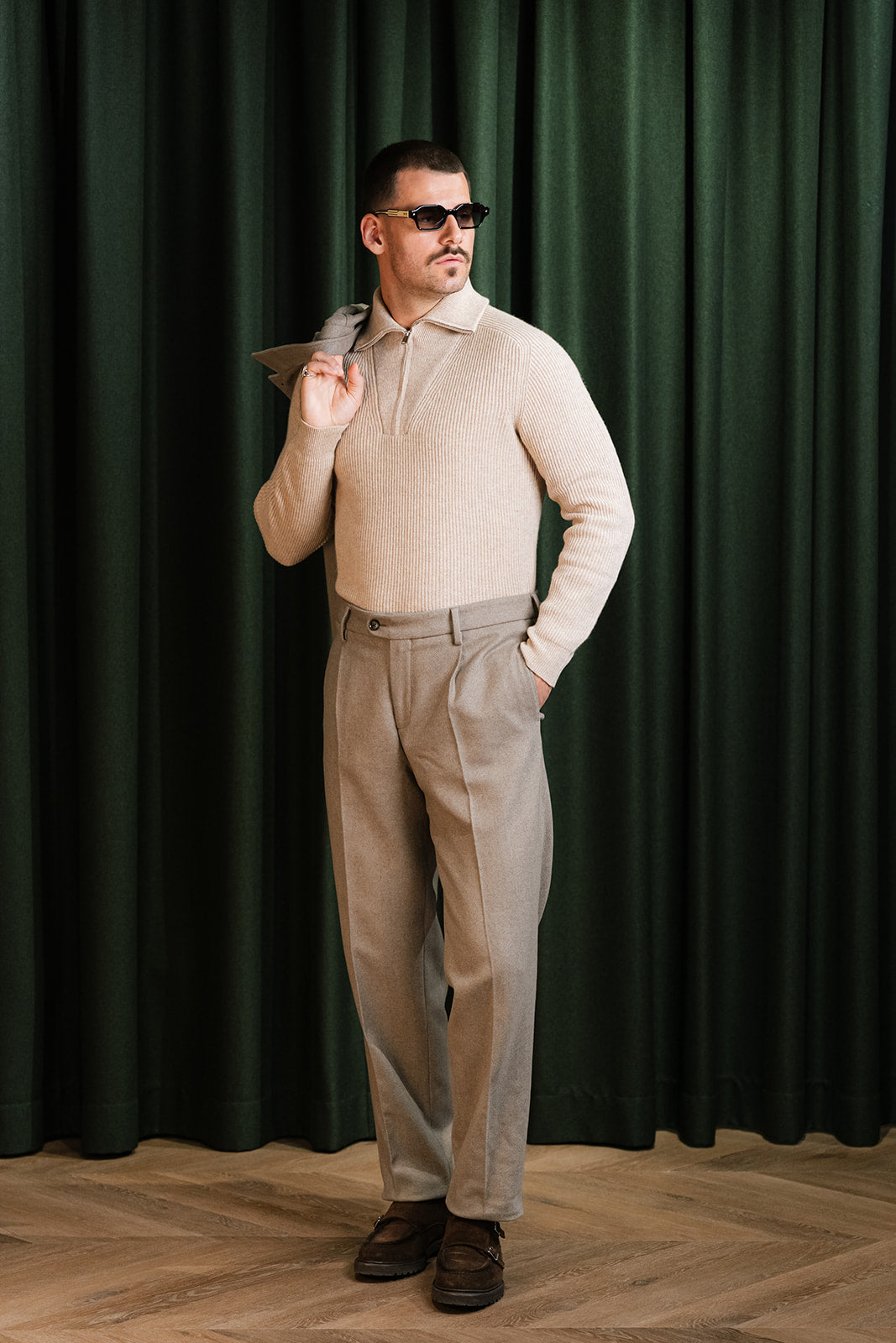 Pullover Half Zip Beige Ribbed