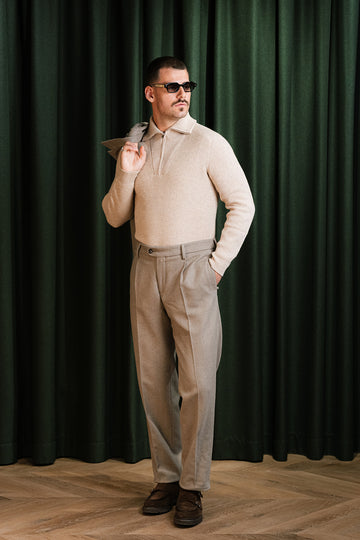 Pullover Half Zip Beige Ribbed