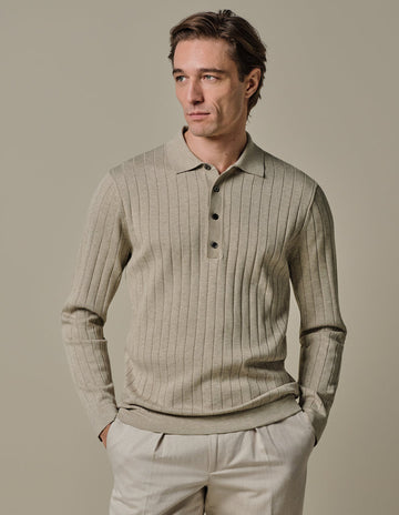 Ribbed Knit LS Polo Beige