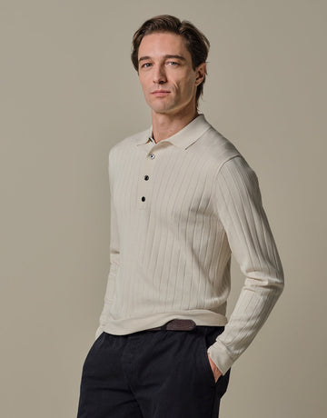 Ribbed Knit LS Polo Off White